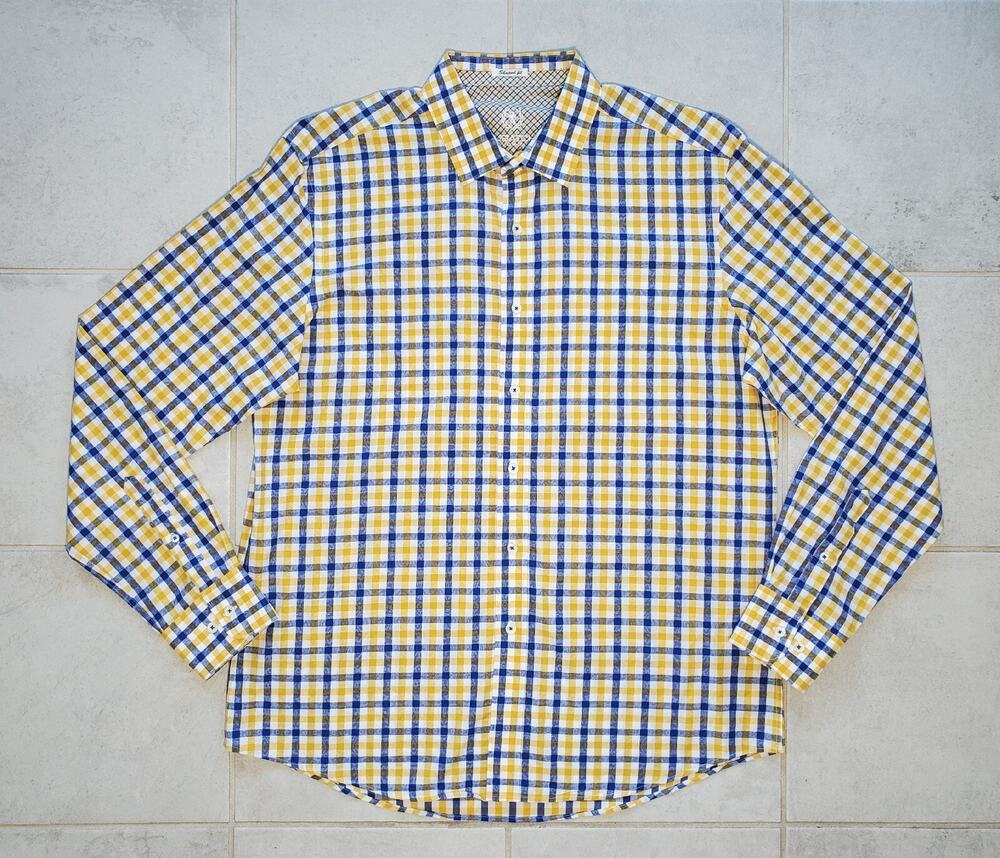 BUGATCHI Men's XL Shaped Fit Long Sleeve Shirt Checker Yellow Blue